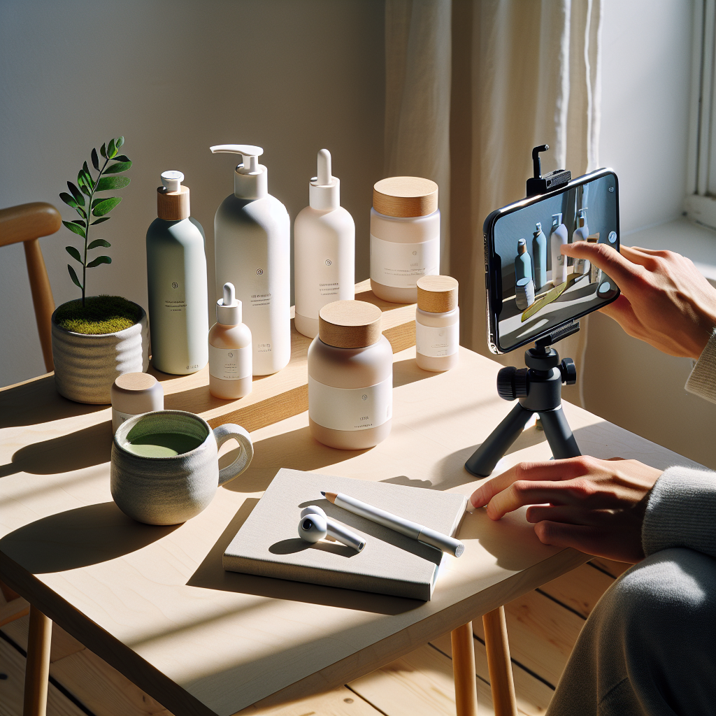 Lifestyle influencer reviewing unbranded skincare at home, calm practical morning routine setup