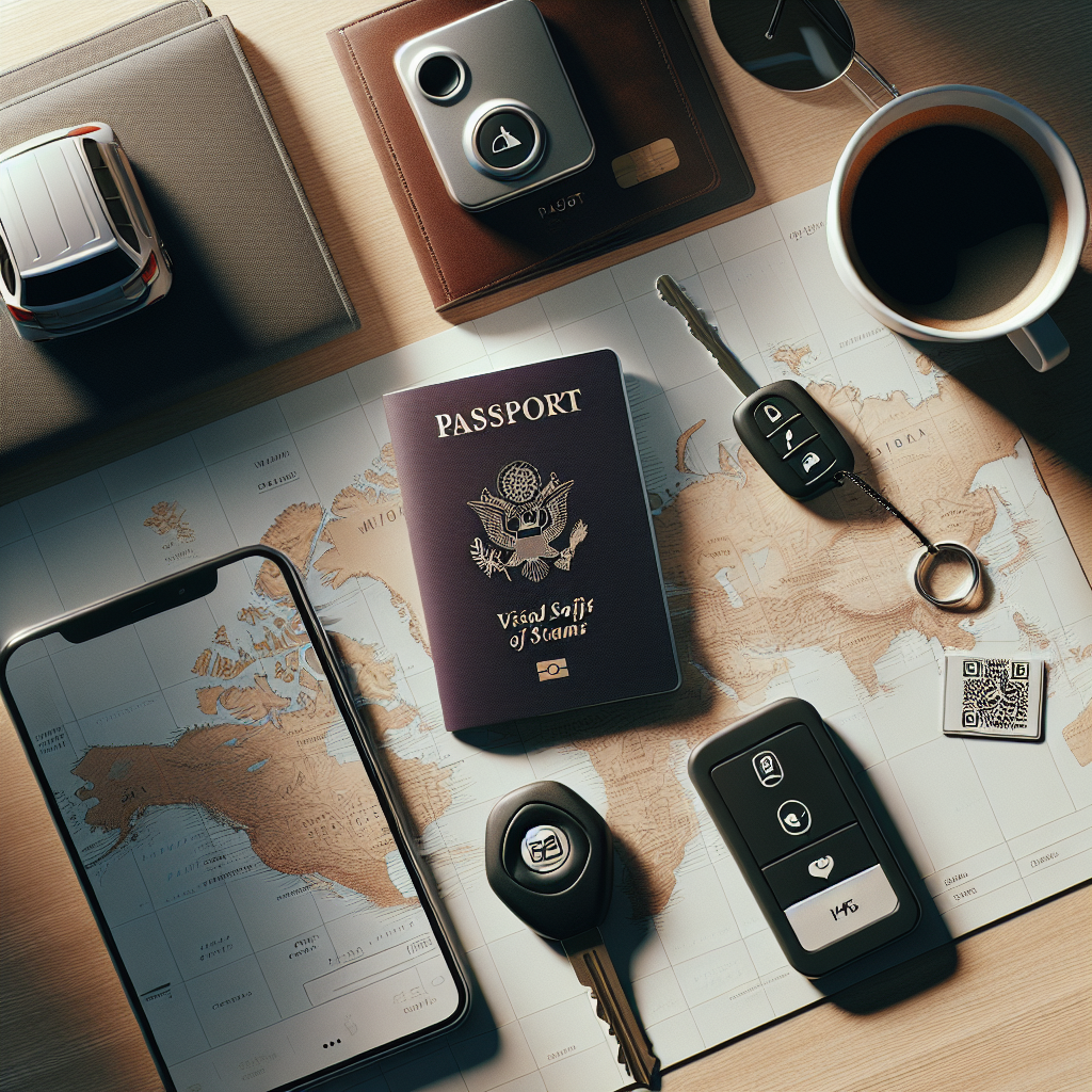 Flat lay: passport with visas, car rental keys, smartphone map for trip planning.