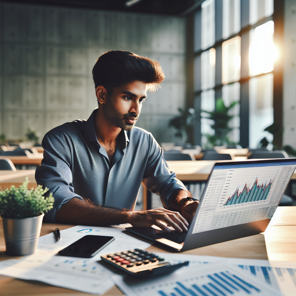 Entrepreneur reviewing market updates and reviews, practical small-business growth tips at desk